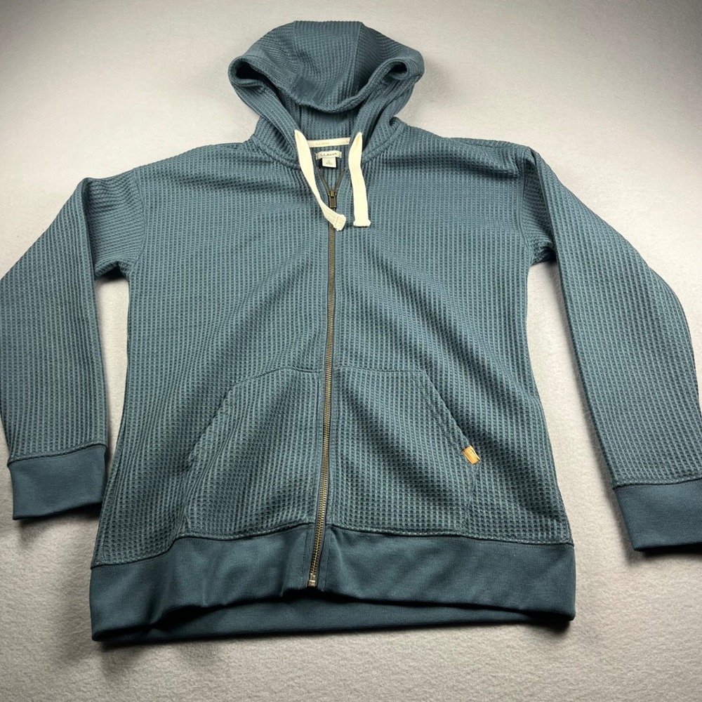 LL Bean Mens Waffle Knit Full Zip Hoodie Teal Blue Fleece Lined 517785 Small